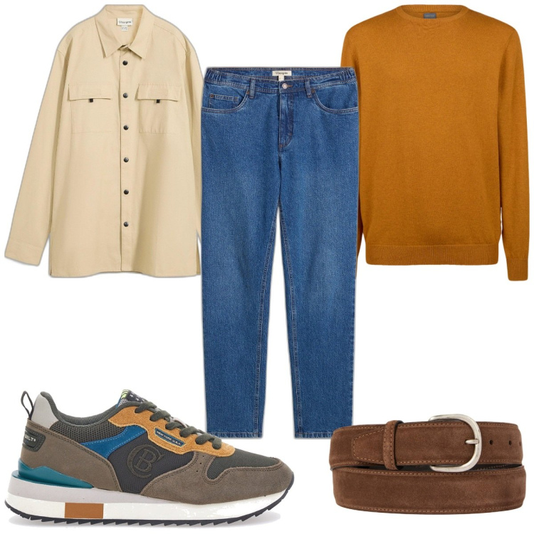 Outfit uomo - Total look #2098623. Stile Casual per Tutti i giorni. Abbinamento con jeans dritti, camicie, sneakers, maglieria, cinture.
