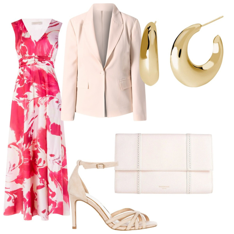 Outfit donna - Stampe floreali - Curvy. Stile Bon Ton per Cerimonia. Abbinamento con borse a mano, orecchini, blazer, sandali col tacco, vestiti lunghi.