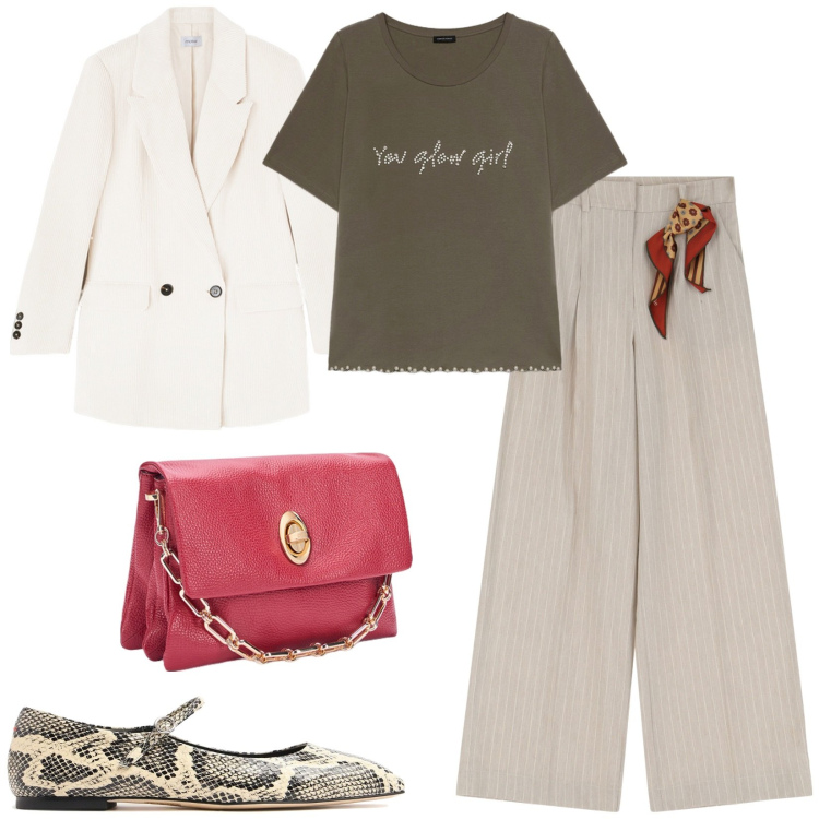 Outfit donna - Ballerine in primavera. Stile Trendy per Serata fuori. Abbinamento con pantaloni a palazzo, t-shirt, ballerine, borse a tracolla, blazer.