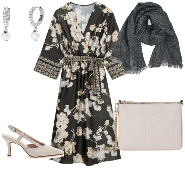 Outfit donna - Serata estiva. per Serata fuori. Abbinamento con orecchini, décolleté, vestiti midi/longuette, foulard, pochette.