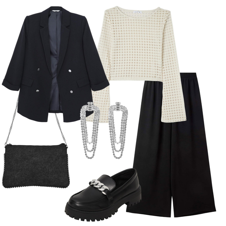 Outfit donna - Total look #2098647. Stile Casual chic per Cerimonia. Abbinamento con maglieria, pantaloni, blazer, orecchini, mocassini, borse a tracolla.