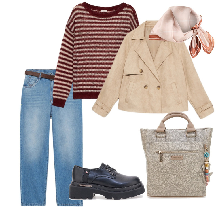 Outfit donna - Partenza programmata. per Tutti i giorni. Abbinamento con foulard, scarpe stringate, jeans, zaini, trench, maglieria.