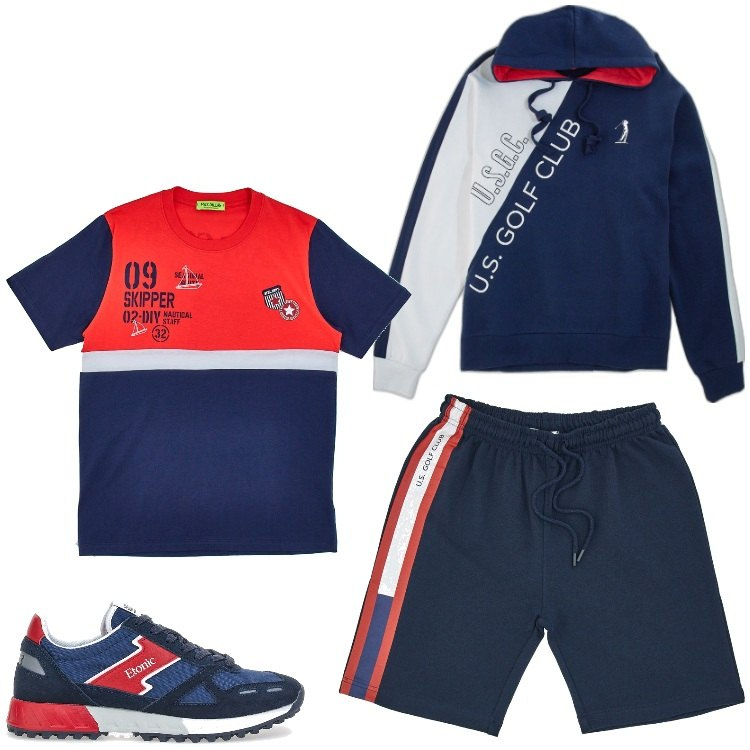 Outfit uomo - Rossoblu sport. Stile Casual per Sport. Abbinamento con sneakers, t-shirt, felpe, pantaloni corti.
