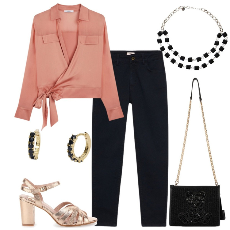 Outfit donna - Total look #2098658. Stile Glamour per Serata fuori. Abbinamento con orecchini, collane, sandali col tacco, camicie, pantaloni, borse a spalla.