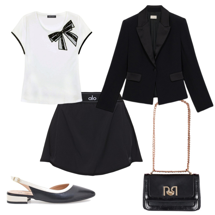 Outfit donna - Total look #2098663. Stile Chic per Ufficio. Abbinamento con borse a tracolla, ballerine, t-shirt, gonne, blazer.