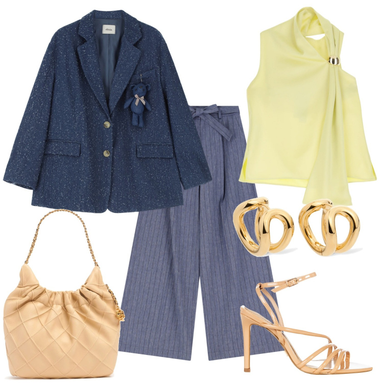 Outfit donna - Total look #2098679. Stile Casual chic per Ufficio. Abbinamento con sandali col tacco, top, pantaloni, blazer, orecchini, borse a spalla.