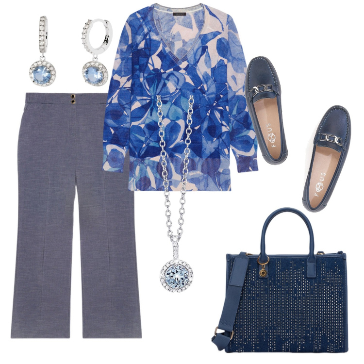Outfit donna - Total look #2098683. Stile Casual chic per Ufficio. Abbinamento con collane, orecchini, mocassini, pantaloni, maglieria, borse a mano.