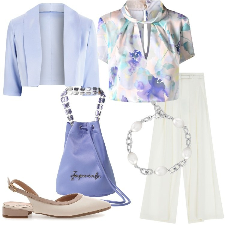 Outfit donna - Stampe floreali rivisitate Donna Curvy. Stile Romantica per Serata fuori. Abbinamento con braccialetti, bolero, bluse, borse a secchiello, pantaloni, ballerine.