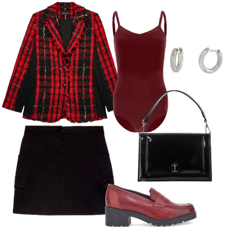 Outfit donna - Quasi un tailleur. Stile Chic per Ufficio. Abbinamento con orecchini, borse a tracolla, body, mocassini, minigonne, blazer.