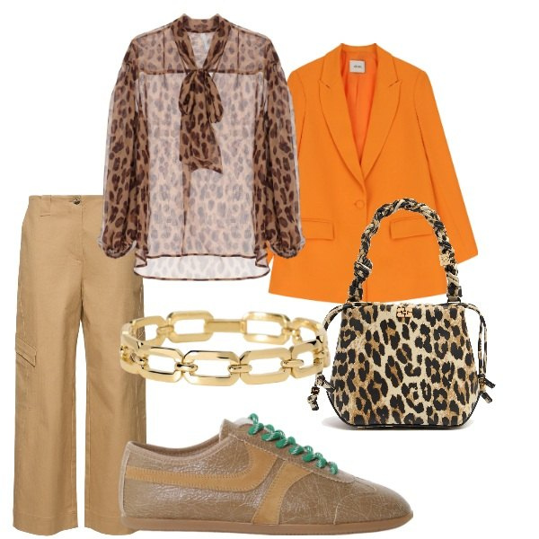 Outfit donna - Aspettando la primavera. Stile Casual chic per Tutti i giorni. Abbinamento con braccialetti, camicie, sneakers, blazer, borse a mano, pantaloni cargo.