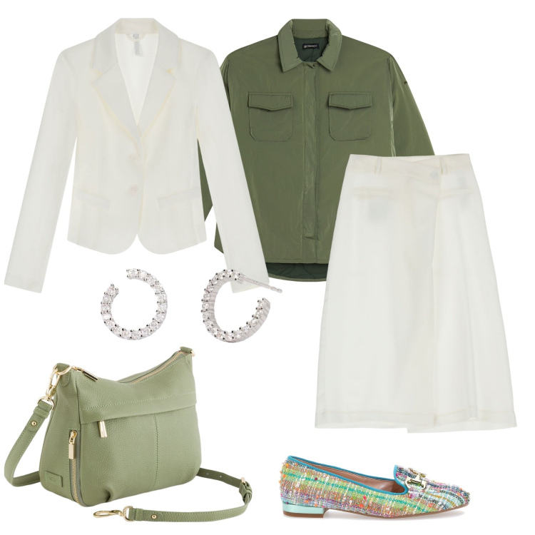 Outfit donna - Total look #2098699. Stile Casual chic per Ufficio. Abbinamento con orecchini, pantaloni, blazer, camicie, mocassini, borse a tracolla.