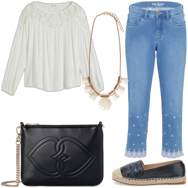 Outfit donna - Look pratico. Stile Casual chic per Tutti i giorni. Abbinamento con jeans dritti, tuniche, espadrillas, collane, pochette.