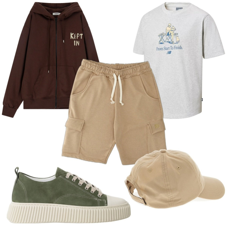 Outfit uomo - Total look #2098706. Stile Trendy per Tutti i giorni. Abbinamento con t-shirt, sneakers, felpe con cappuccio, pantaloni corti, cappelli.