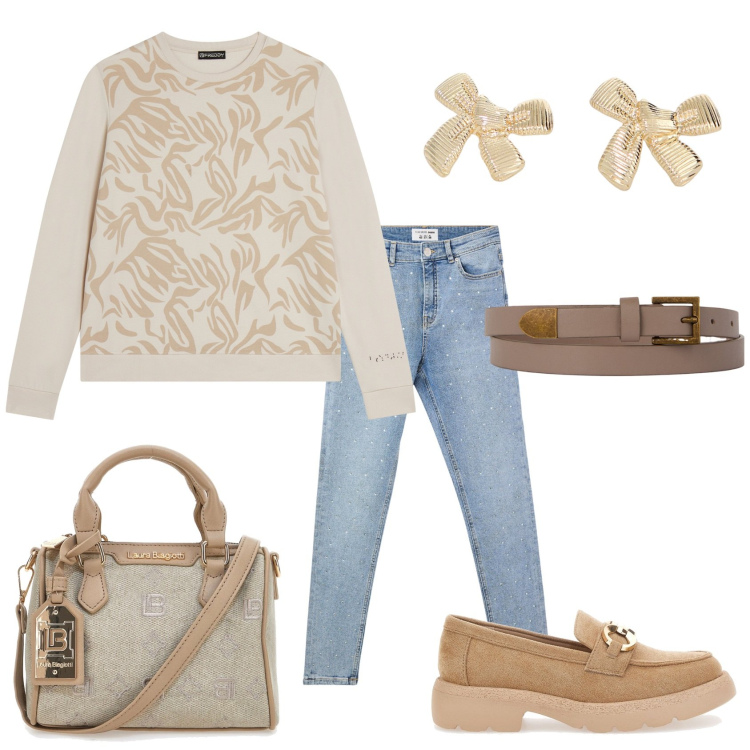 Outfit donna - Total look #2098709. Stile Casual per Tutti i giorni. Abbinamento con jeans skinny, orecchini, felpe, mocassini, cinture, borse a tracolla.