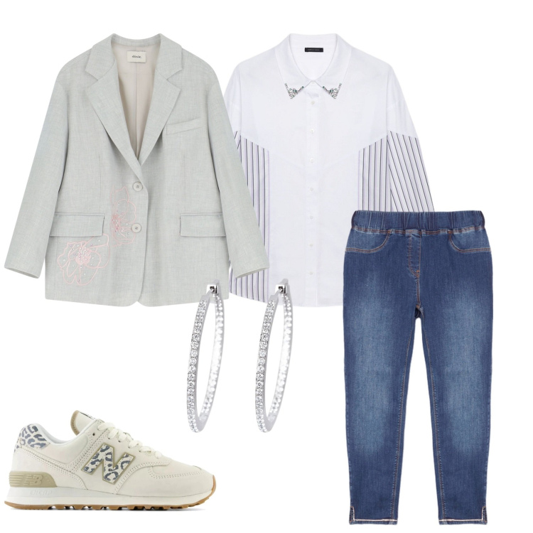 Outfit donna - Un blazer fiorito. Stile Casual per Ufficio. Abbinamento con orecchini, sneakers, blazer, camicie, jeggings.