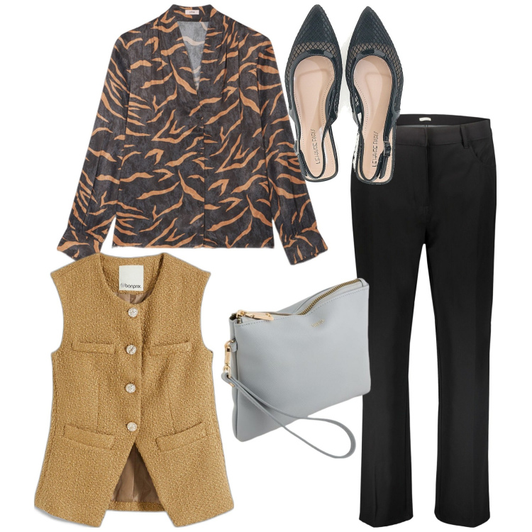 Outfit donna - Seriosa in ufficio. Stile Bon Ton per Ufficio. Abbinamento con gilet, pantaloni, ballerine, camicie, pochette.