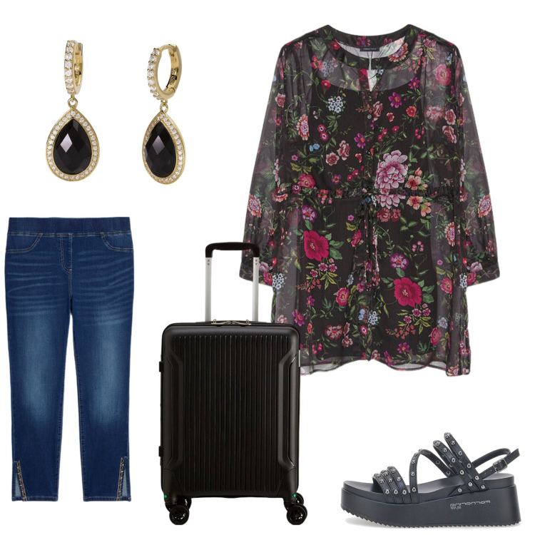 Outfit donna - Un blazer fiorito. Stile Casual per Tutti i giorni. Abbinamento con orecchini, jeggings, camicie, valigie, sandali.