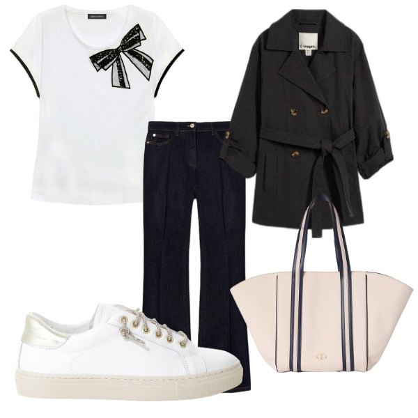 Outfit donna - Aspettando la primavera. Stile Trendy per Tutti i giorni. Abbinamento con trench, sneakers, t-shirt, shopping bag, jeans.