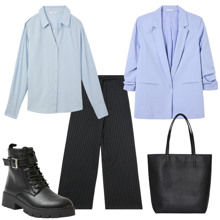 Outfit donna - Total look #2098722. Stile Casual chic per Ufficio. Abbinamento con camicie, borse tote, pantaloni, anfibi, blazer.