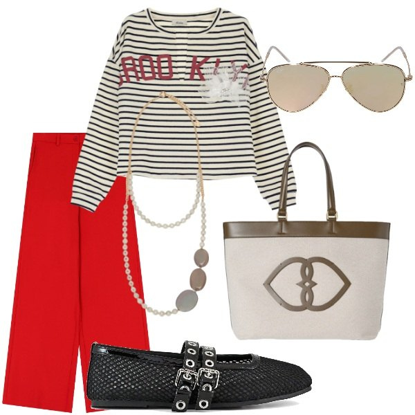 Outfit donna - Passeggiata al mare. Stile Trendy per Tutti i giorni. Abbinamento con felpe, pantaloni, ballerine, shopping bag, occhiali da sole, collane.