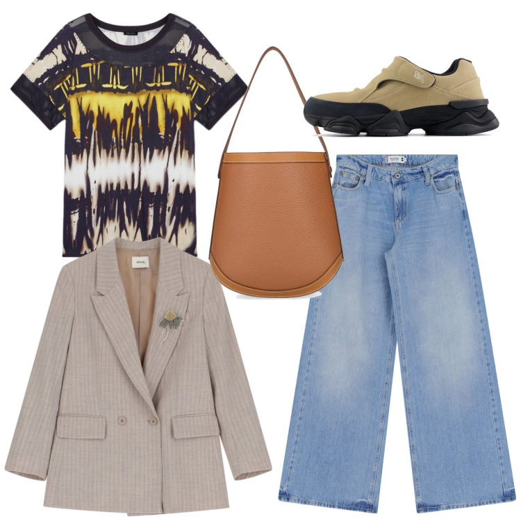 Outfit donna - Con le sneakers. Stile Basic per Tutti i giorni. Abbinamento con sneakers, jeans, blazer, t-shirt, borse a mano.