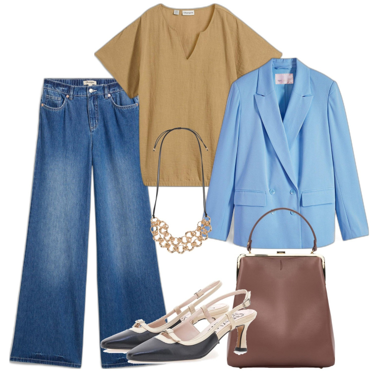Outfit donna - Ocra e azzurro. Stile Bon Ton per Ufficio. Abbinamento con jeans, bluse, blazer, décolleté, borse a spalla, collane.