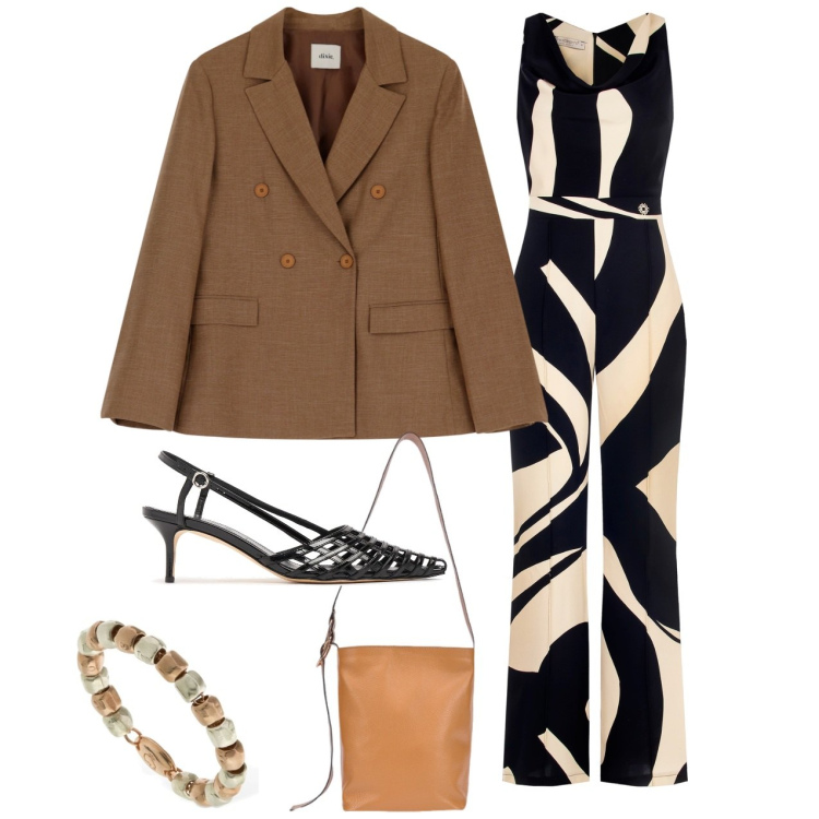 Outfit donna - Elegante. Stile Chic per Cerimonia. Abbinamento con blazer, tute, scarpe col tacco, anelli, borse a secchiello.