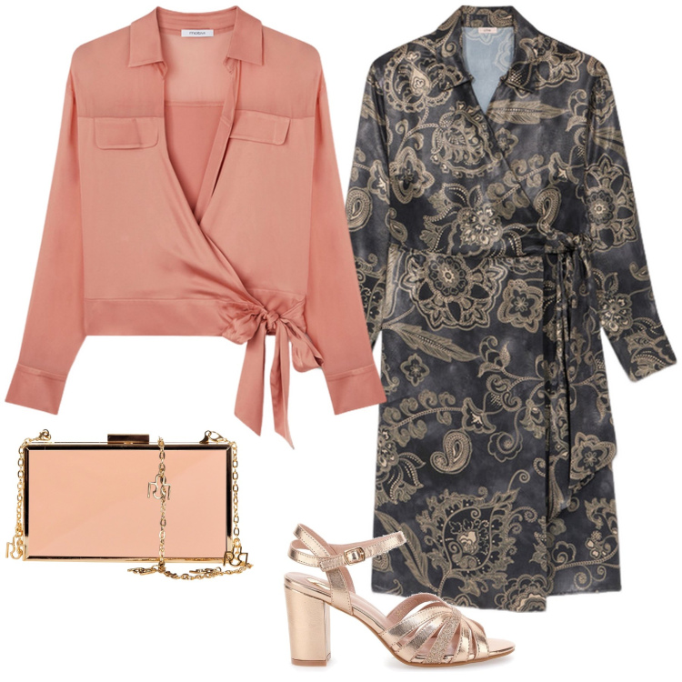 Outfit donna - Elegante con pesca. Stile Chic per Serata fuori. Abbinamento con pochette, sandali col tacco, vestiti midi/longuette, camicie.