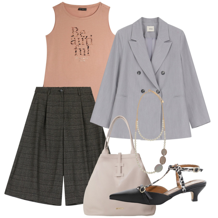 Outfit donna - Chic con le slingback. Stile Chic per Tutti i giorni. Abbinamento con décolleté, borse tote, canottiere, bermuda, blazer, collane.