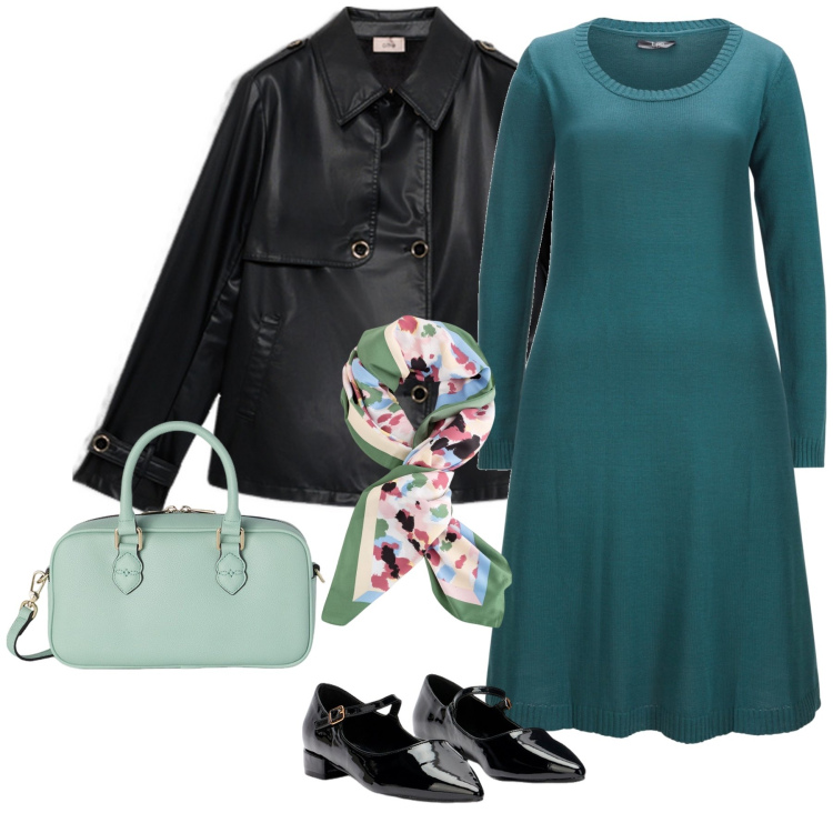 Outfit donna - Verde ottanio e co.. Stile Casual chic per Tutti i giorni. Abbinamento con vestiti, ballerine, trench, foulard, borse a mano.