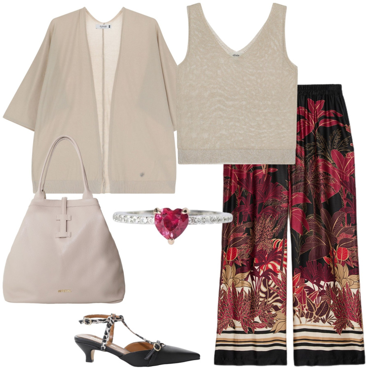 Outfit donna - Sabbia e fuoco. Stile Chic per Tutti i giorni. Abbinamento con anelli, cardigans, décolleté, borse tote, canottiere, pantaloni.