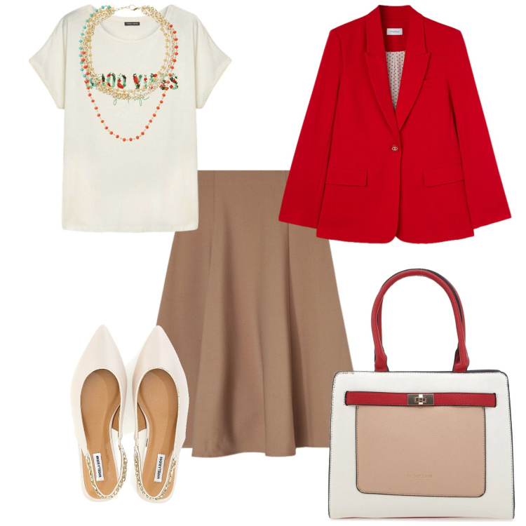 Outfit donna - Quando vuoi. per Tutti i giorni. Abbinamento con collane, ballerine, gonne longuette, t-shirt, borse a spalla, blazer.