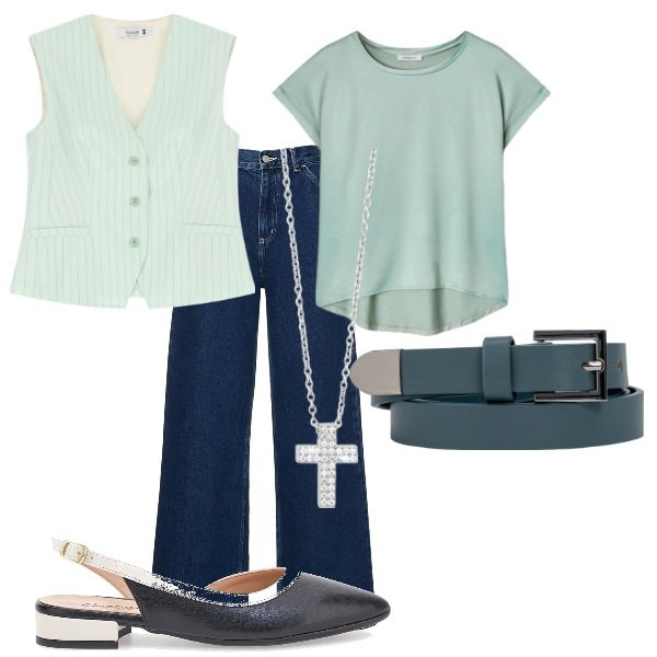 Outfit donna - Domenica mattina. Stile Trendy per Tutti i giorni. Abbinamento con collane, gilet, ballerine, t-shirt, pantaloni, cinture.