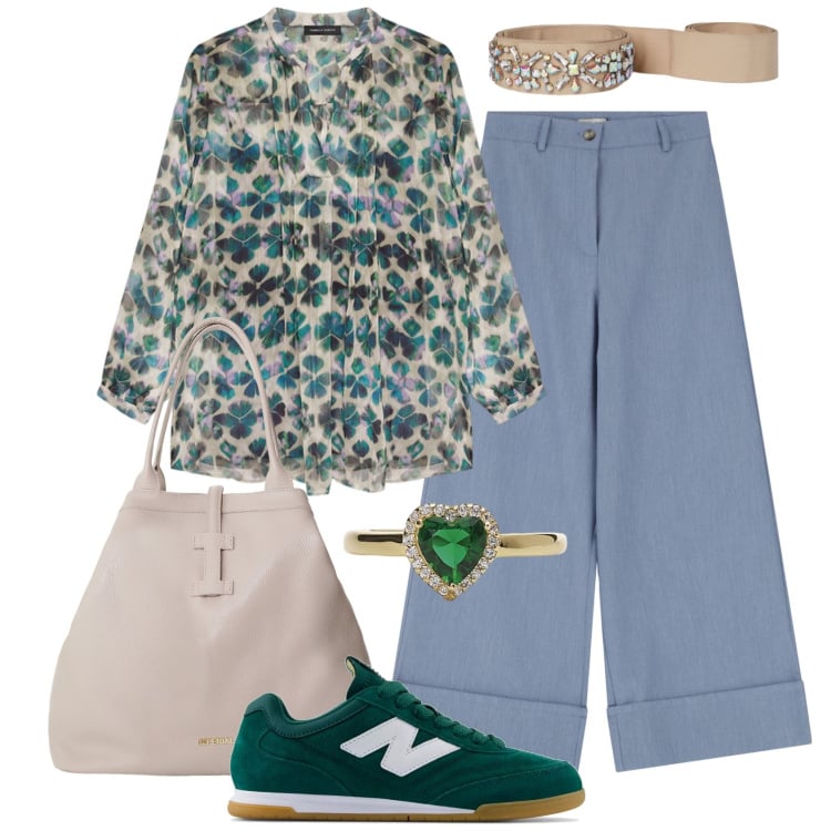 Outfit donna - Tailleur sartoriali curve eleganti. Stile Romantica per Tutti i giorni. Abbinamento con anelli, sneakers, borse tote, pantaloni a palazzo, bluse, cinture.