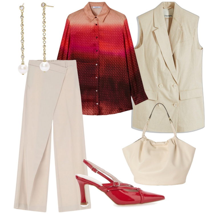 Outfit donna - Precisa e puntuale. per Scuola/Università. Abbinamento con gilet, orecchini, pantaloni, décolleté, borse a secchiello, camicie.