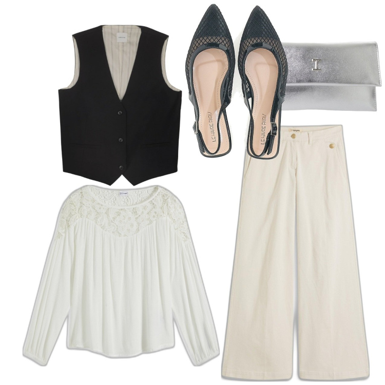 Outfit donna - Serata. Stile Casual chic per Serata fuori. Abbinamento con pantaloni, tuniche, pochette, ballerine, gilet.