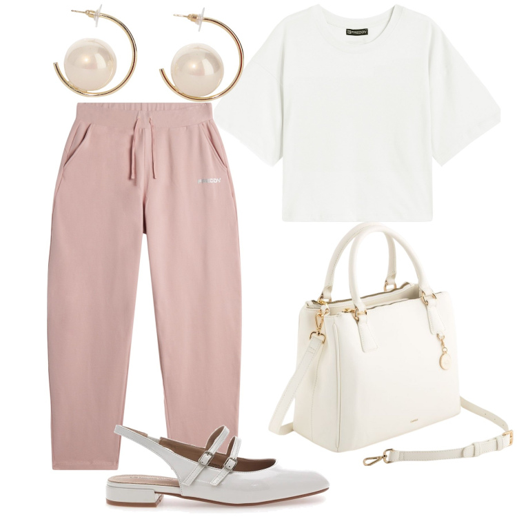 Outfit donna - Un po’ sportiva un po’ romantica. Stile Casual chic per Tutti i giorni. Abbinamento con orecchini, pantaloni, t-shirt, ballerine, borse a mano.