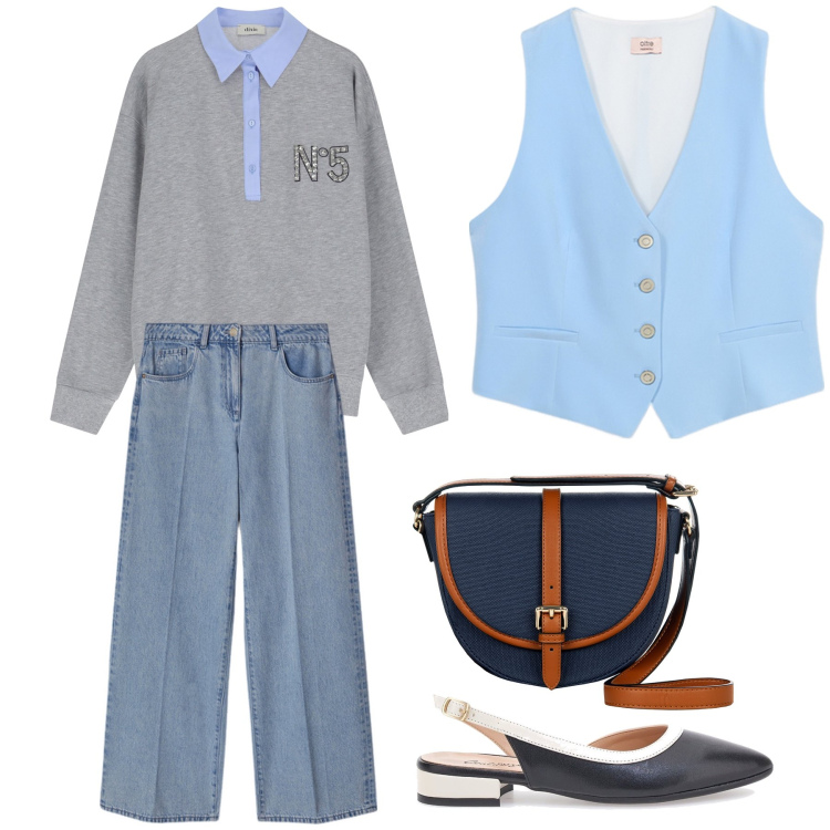 Outfit donna - Look da ufficio in jeans. Stile Trendy per Ufficio. Abbinamento con borse a tracolla, felpe, ballerine, jeans, gilet.