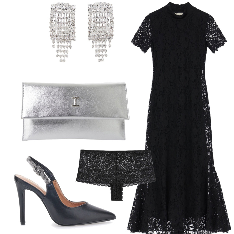 Outfit donna - Una cascata di luce sul pizzo. Stile Glamour per Serata fuori. Abbinamento con culotte, pochette, vestiti midi/longuette, orecchini, décolleté.