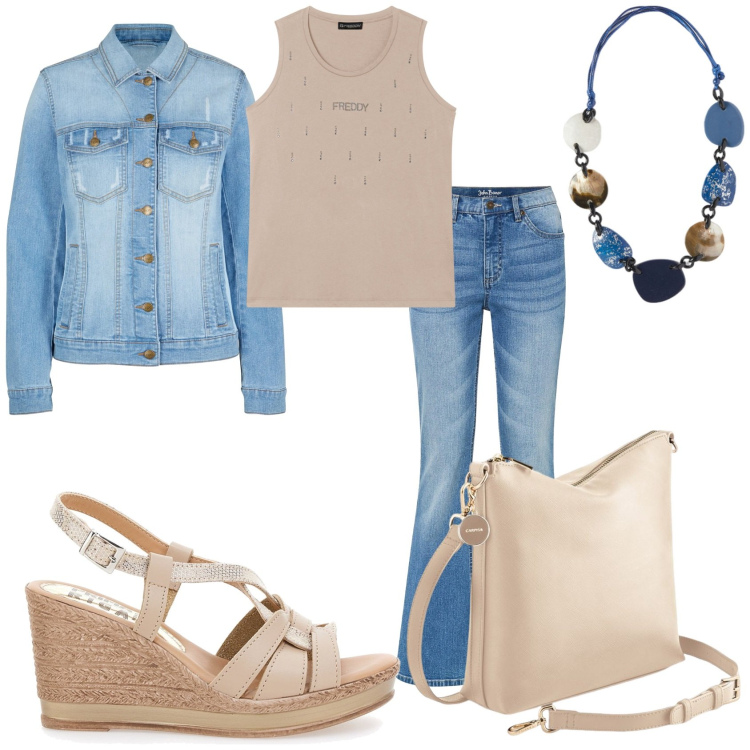 Outfit donna - Total jeans. Stile Casual per Tutti i giorni. Abbinamento con blazer, jeans a zampa, canottiere, sandali, borse a tracolla, collane.