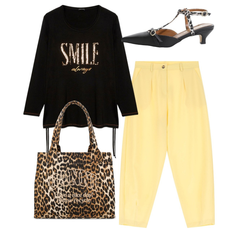 Outfit donna - Giallo burro - @pamela. Stile Casual chic per Serata fuori. Abbinamento con décolleté, pantaloni, shopping bag, t-shirt.