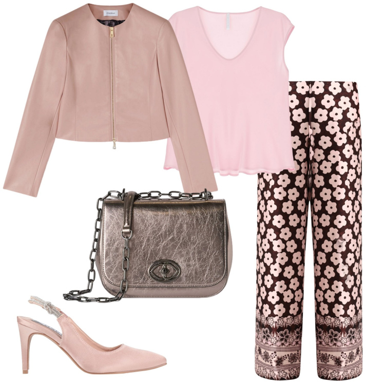 Outfit donna - Rosa. Stile Casual chic per Tutti i giorni. Abbinamento con décolleté, pantaloni a palazzo, top, blazer, borse a tracolla.