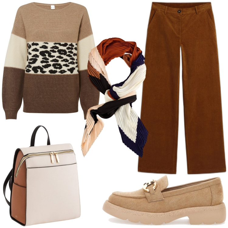 Outfit donna - Casual e basico. Stile Casual per Tutti i giorni. Abbinamento con maglieria, pantaloni, mocassini, foulard, zaini.
