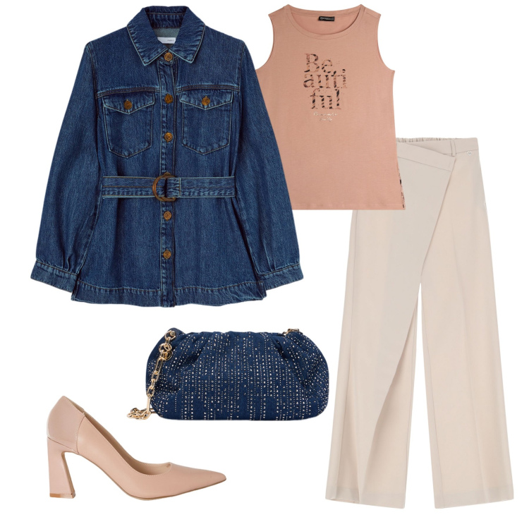 Outfit donna - Denim e pesca. Stile Casual chic per Tutti i giorni. Abbinamento con pantaloni, canottiere, clutch, blazer, décolleté.