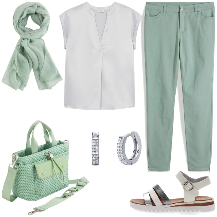 Outfit donna - Verde salvia. Stile Casual per Tutti i giorni. Abbinamento con jeans skinny, orecchini, sandali, t-shirt, portafogli, borse a mano.