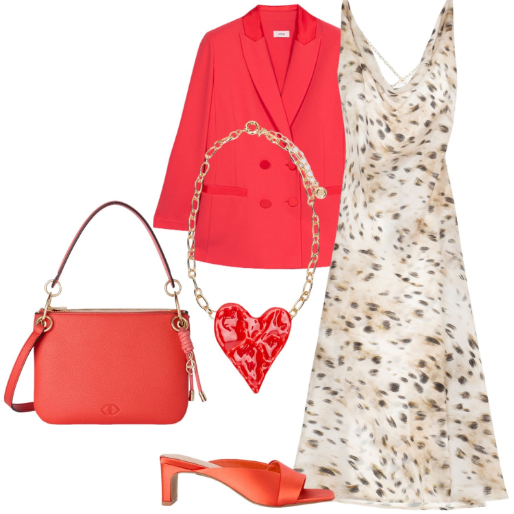 Outfit donna - Cuore batticuore. Stile Casual chic per Serata fuori. Abbinamento con vestiti, sabot, blazer, ciondoli, borse a tracolla.