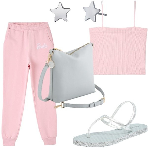 Outfit donna - Rosa Pastello Minimal. Stile Minimal per Tutti i giorni. Abbinamento con pantaloni, sandali, canottiere, orecchini, borse a tracolla.