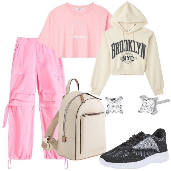 Outfit donna - Rosa pastello sportivo. Stile Sporty chic per Tutti i giorni. Abbinamento con orecchini, sneakers, felpe con cappuccio, t-shirt, pantaloni cargo, zaini.