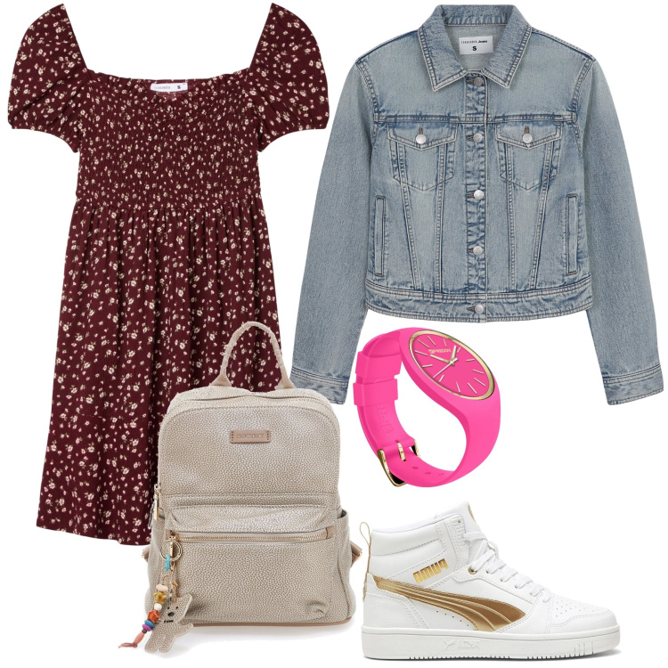 Outfit donna - Vestito rosso floreale. Stile Trendy per Tutti i giorni. Abbinamento con vestiti corti, blazer, orologi, sneakers, zaini.