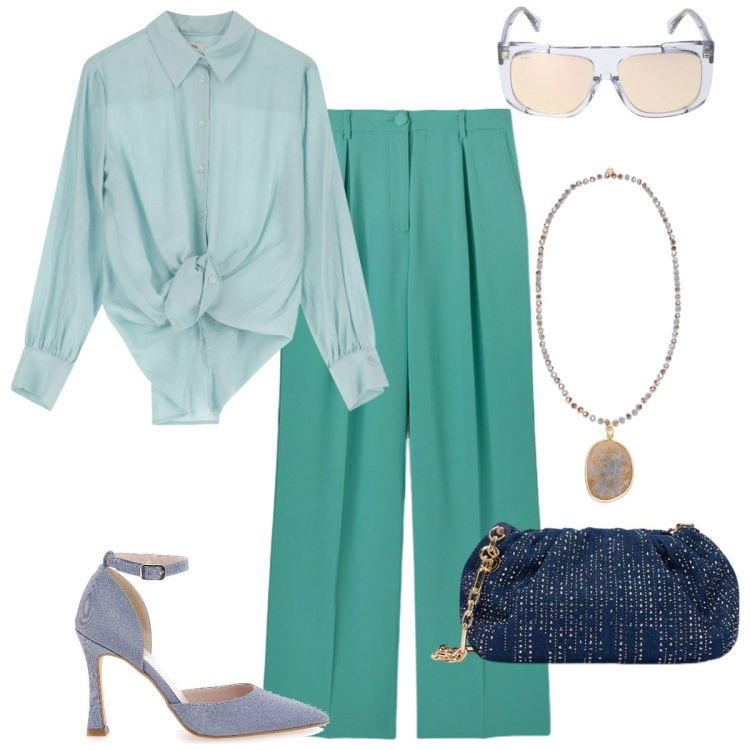 Outfit donna - Serata al mare. Stile Casual chic per Serata fuori. Abbinamento con camicie, décolleté, occhiali da sole, clutch, ciondoli, pantaloni a palazzo.